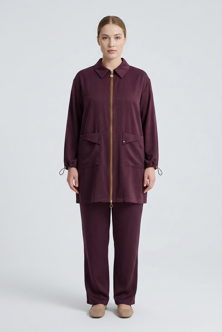 Merlot | Satin-Touch Zip-Front Two-Piece Set — Burgundy (front)