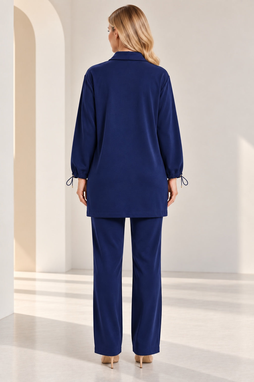 Merlot | Satin-Touch Zip-Front Two-Piece Set — Navy (back)