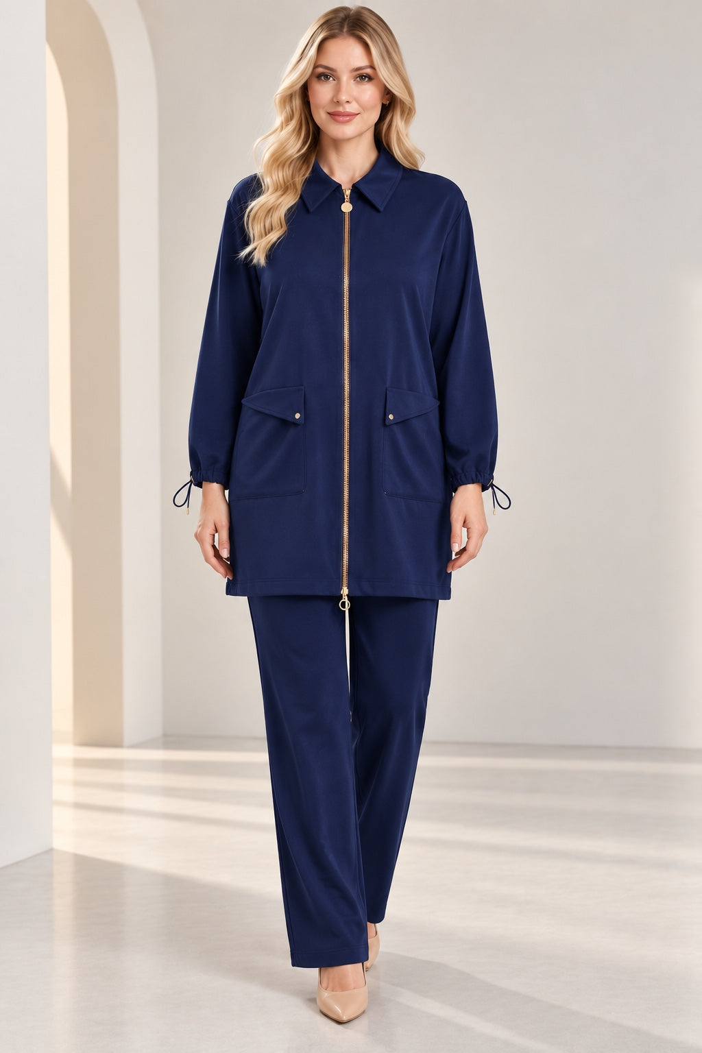 Merlot | Satin-Touch Zip-Front Two-Piece Set — Navy (front)