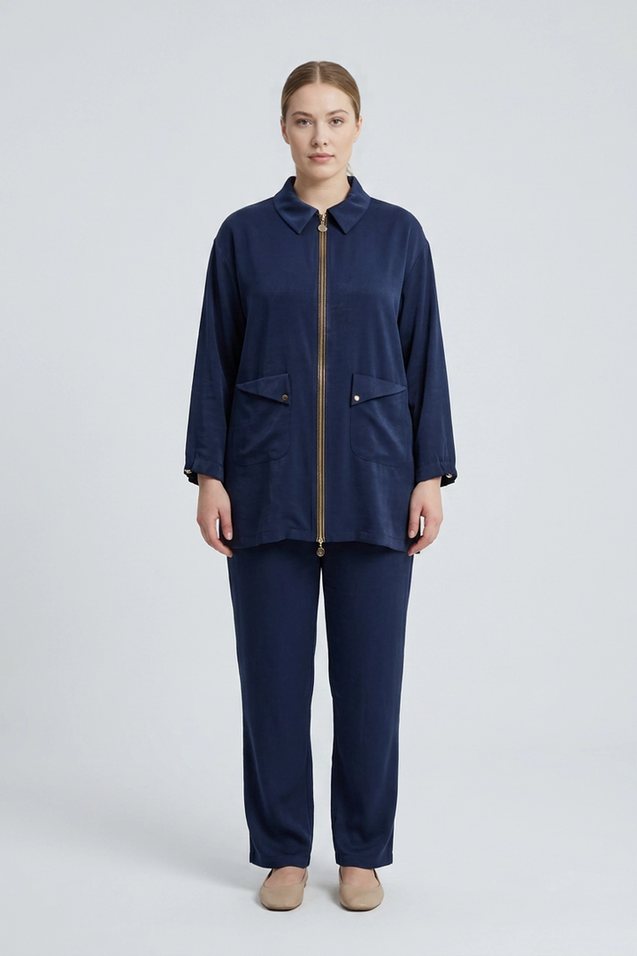 Merlot | Satin-Touch Zip-Front Two-Piece Set — Navy (front)