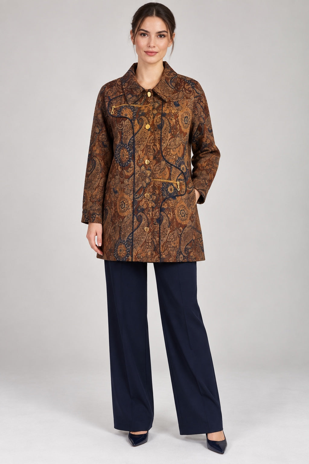 Henna | Paisley Jacquard Jacket — Brown (front)