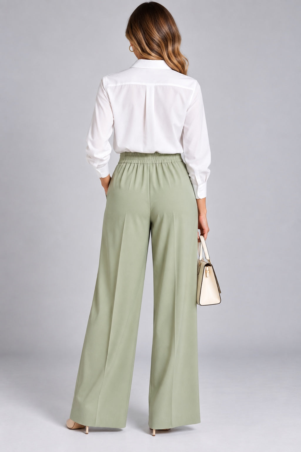Eleni | Crepe Pleated Trousers — Mink (back)
