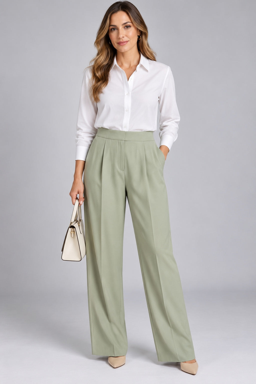 Eleni | Crepe Pleated Trousers — Mink (front)