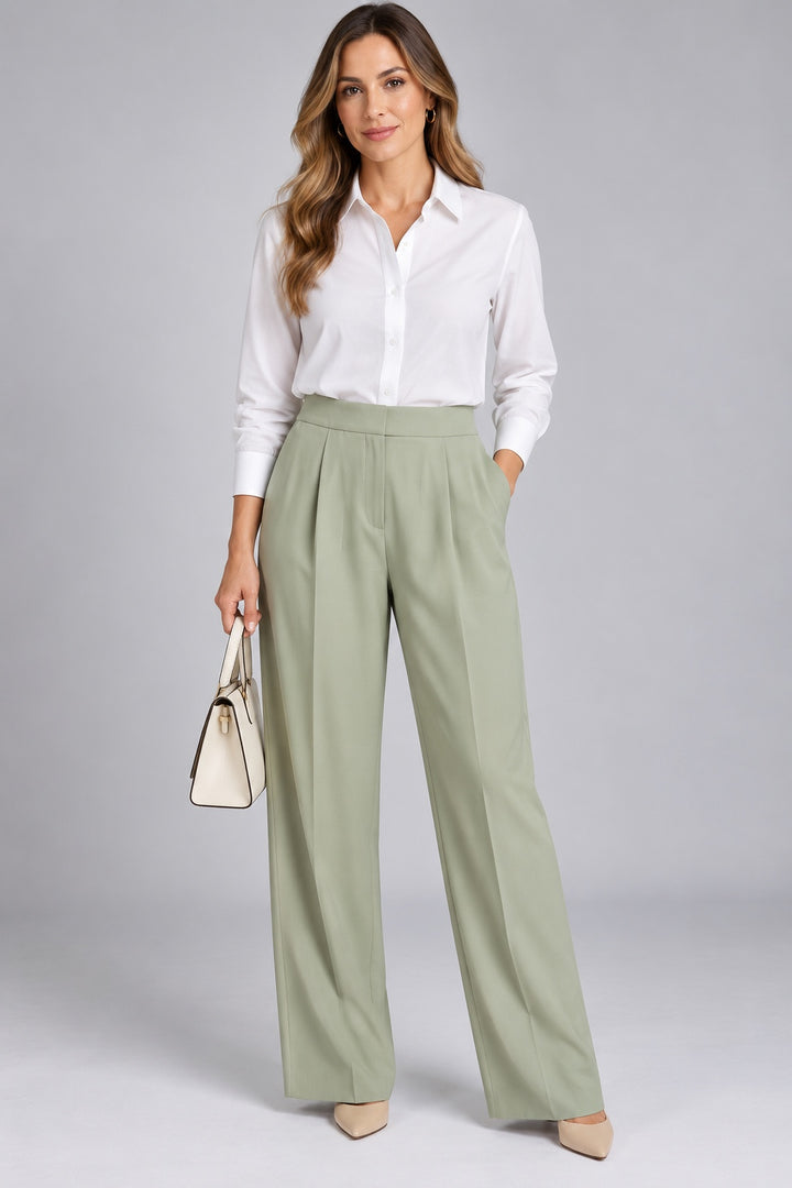 Eleni | Crepe Pleated Trousers — Mink (front)