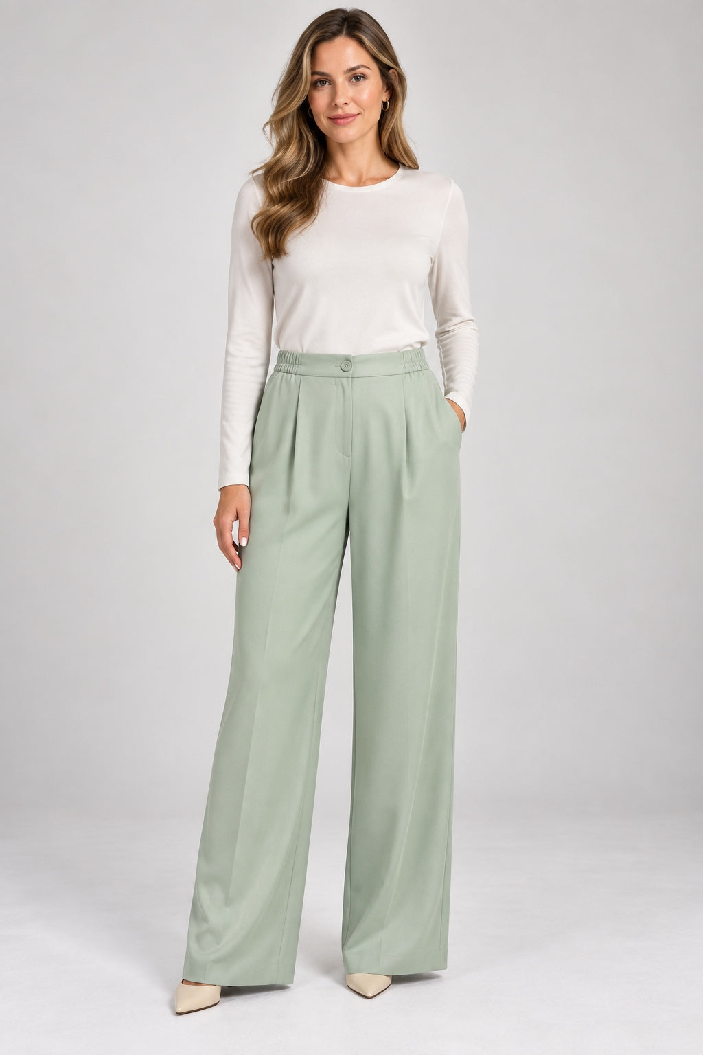 Soleil | Pleated Wide Leg Pants — Mint (front)