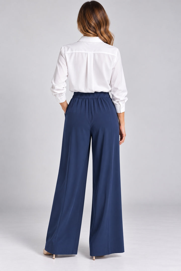 Eleni | Crepe Pleated Trousers — Navy (back)