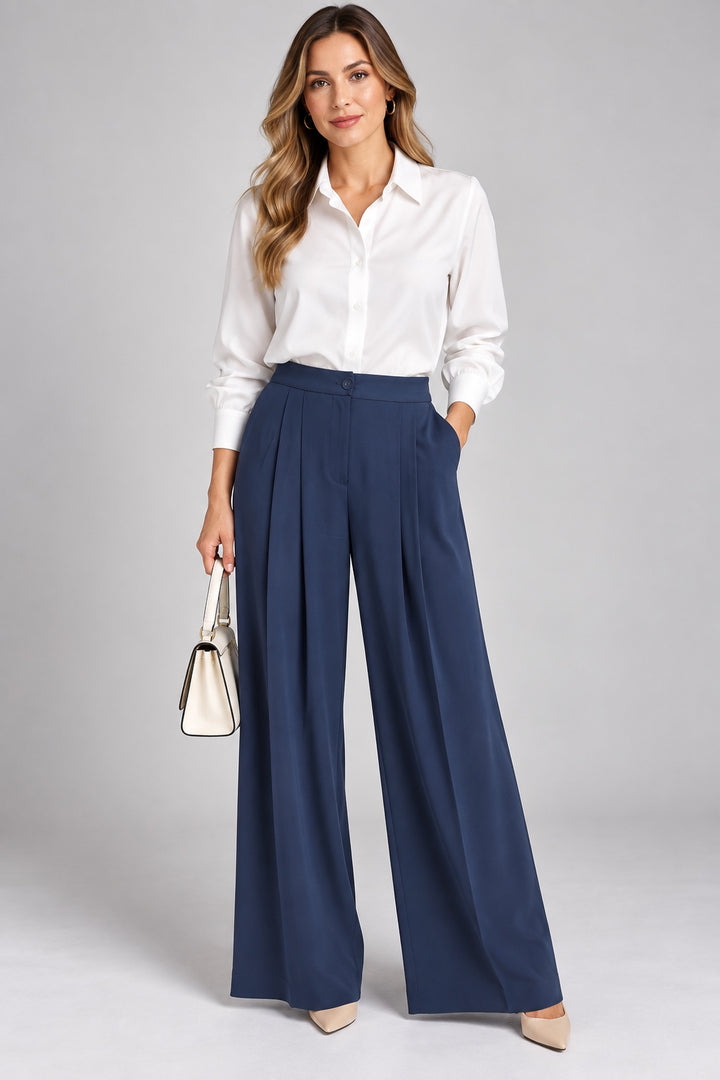 Eleni | Crepe Pleated Trousers — Navy (front)