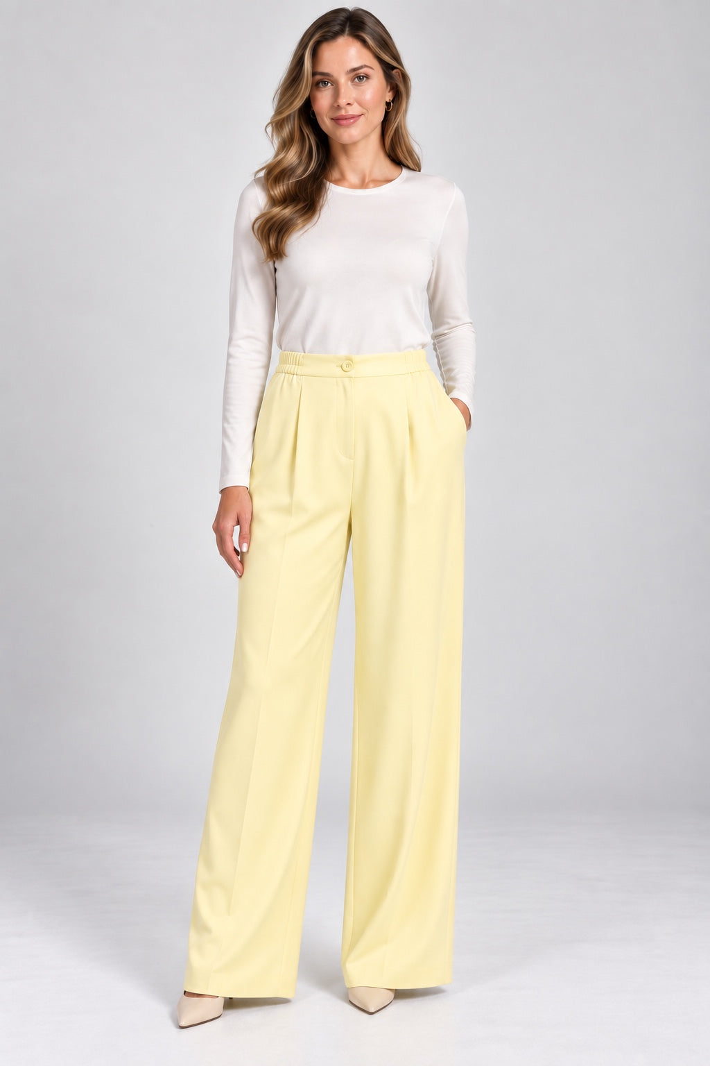 Soleil | Pleated Wide Leg Pants — Yellow (front)