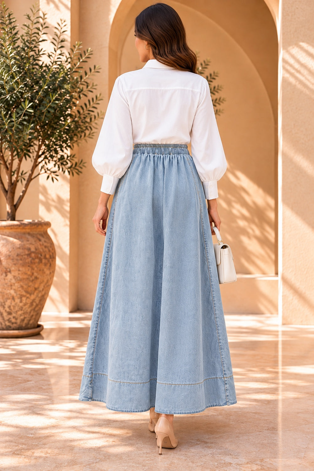 Chambray | Gathered Maxi Skirt — Denim (back)