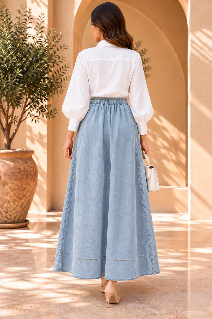 Chambray | Gathered Maxi Skirt — Denim (back)