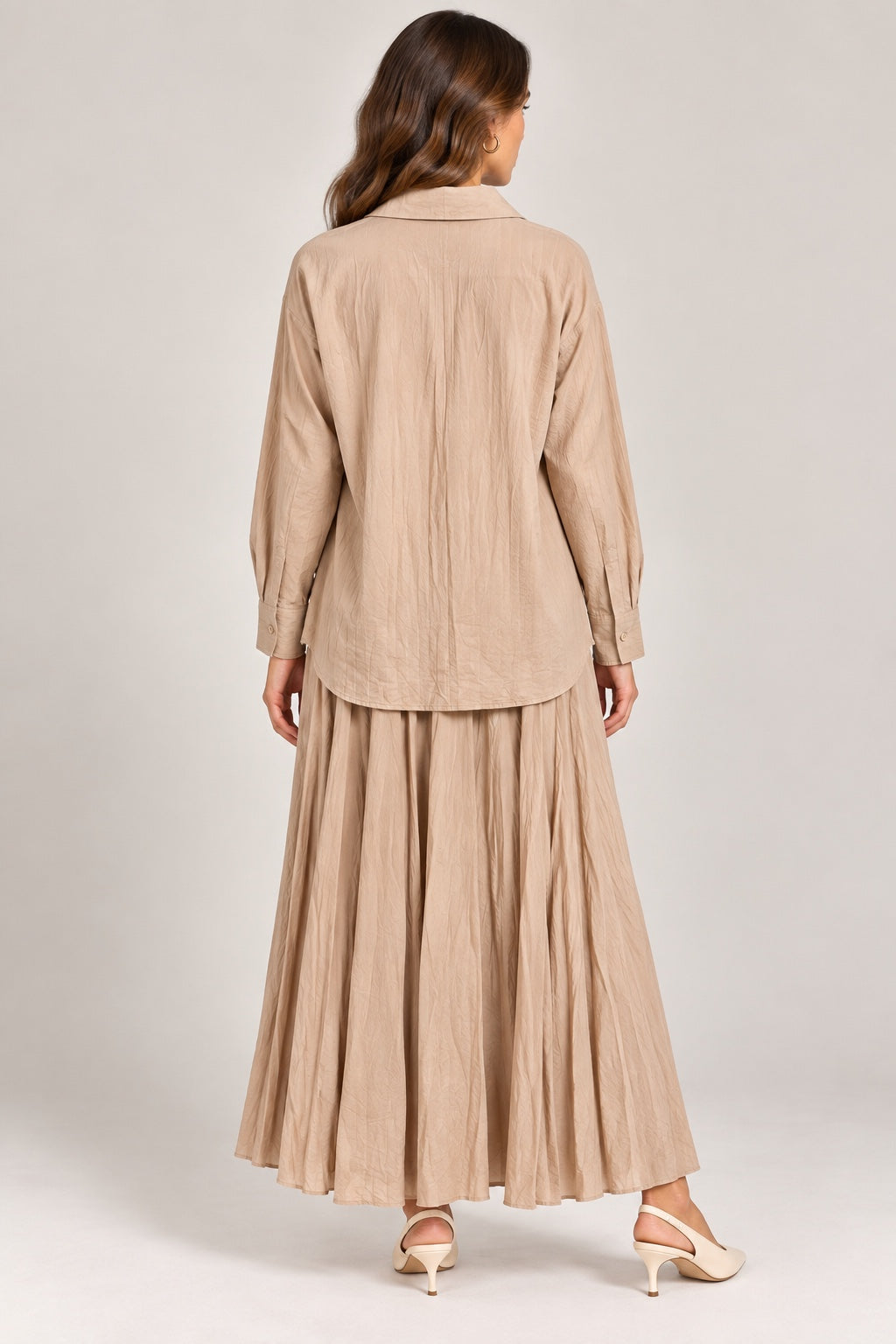 Elise | Crinkle Pleated Two-Piece Set [CLEARANCE -50%] — Beige (back)