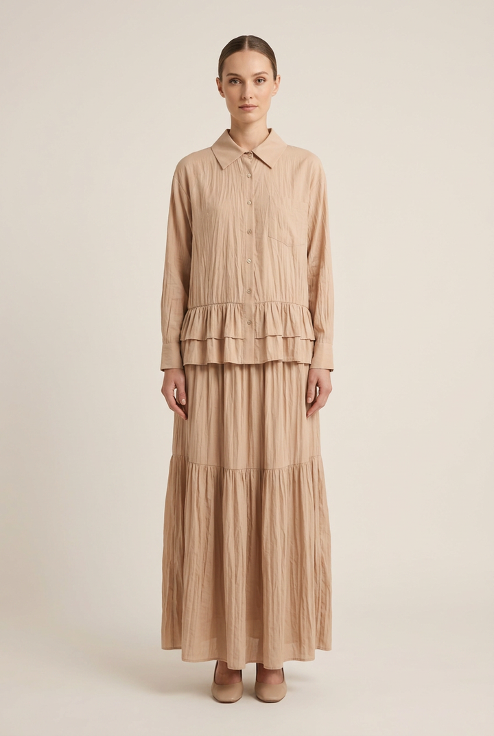 Elise | Crinkle Pleated Two-Piece Set [CLEARANCE -50%] — Beige