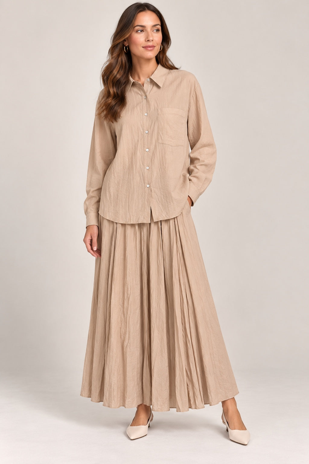 Elise | Crinkle Pleated Two-Piece Set [CLEARANCE -50%] — Beige (front)