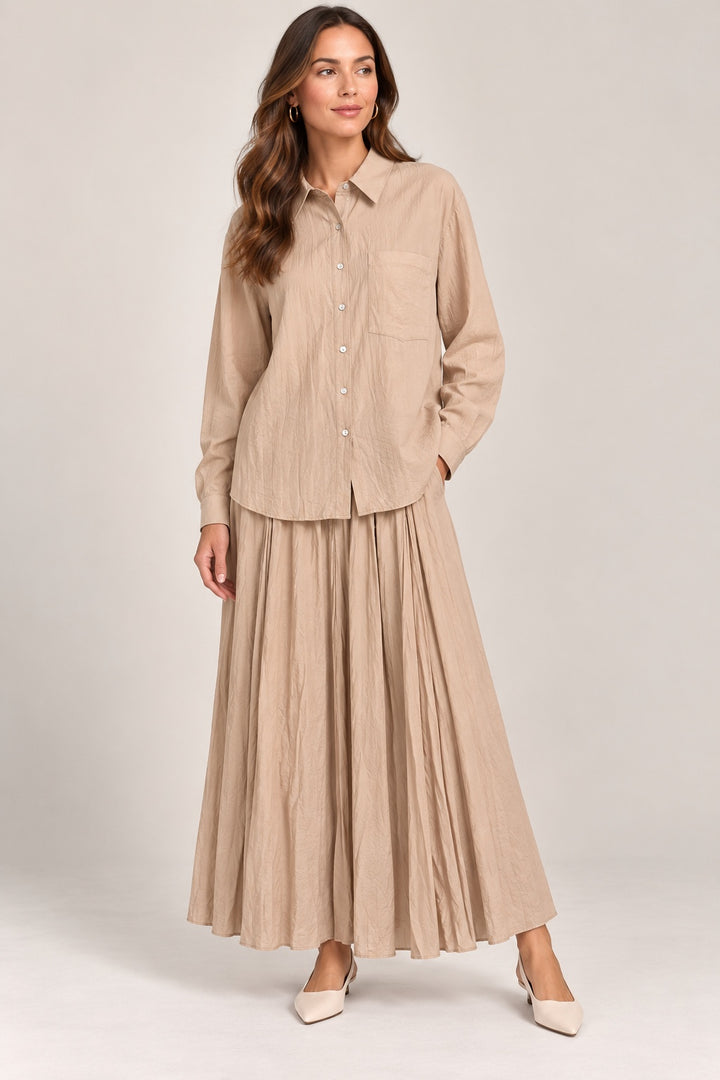 Elise | Crinkle Pleated Two-Piece Set [CLEARANCE -50%] — Beige (front)