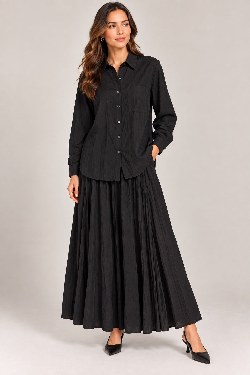 Elise | Crinkle Pleated Two-Piece Set [CLEARANCE -50%] — Black (front)