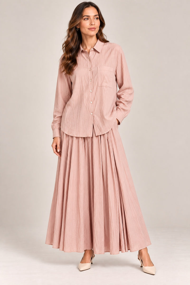 Elise | Crinkle Pleated Two-Piece Set [CLEARANCE -50%] — Pink (front)