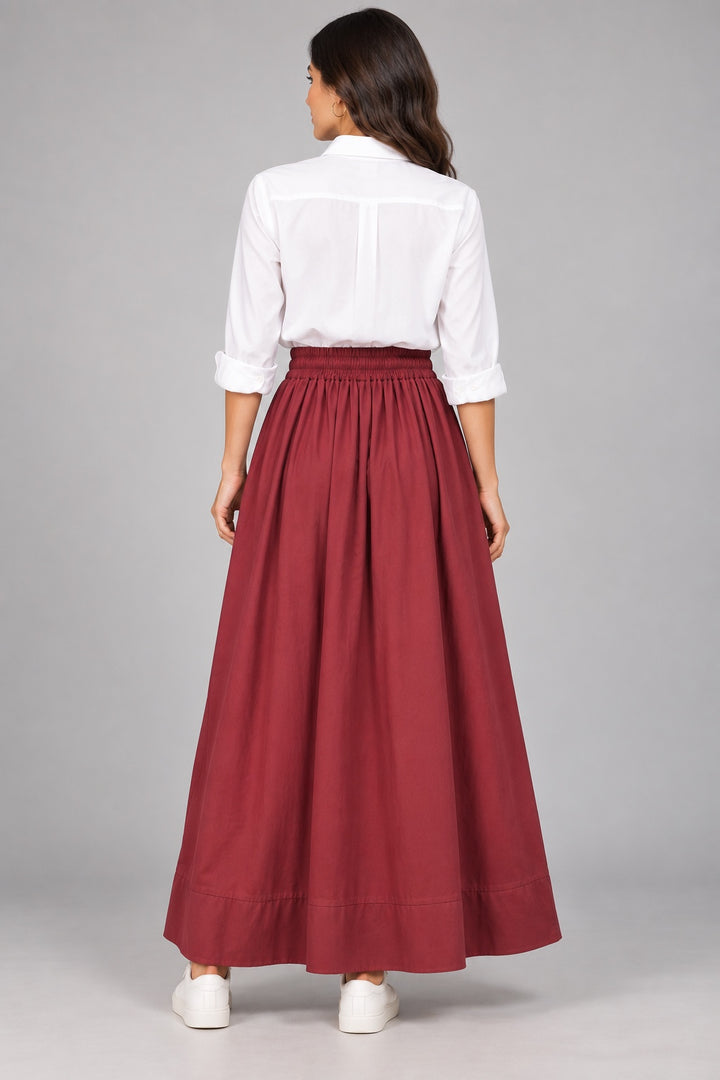 Ruby | Gathered Maxi Skirt — Burgundy (back)