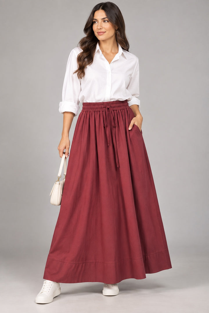 Ruby | Gathered Maxi Skirt — Burgundy (front)