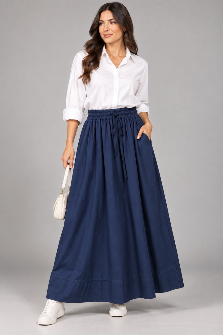 Ruby | Gathered Maxi Skirt — Navy (front)