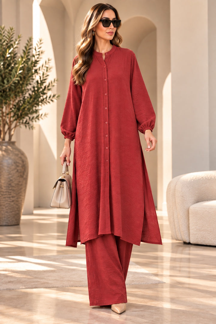 Marlowe | Textured Mandarin Collar Tunic Set — Burgundy (front)