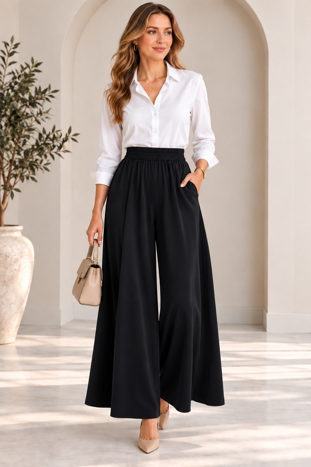 Greer | Flowy Wide-Leg Culottes — Black (front)