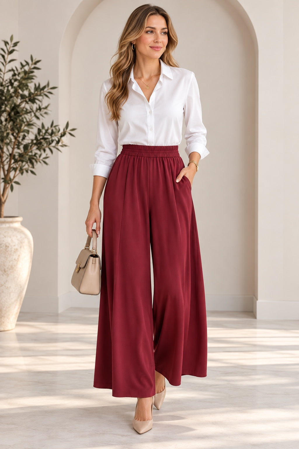 Greer | Flowy Wide-Leg Culottes — Burgundy (front)