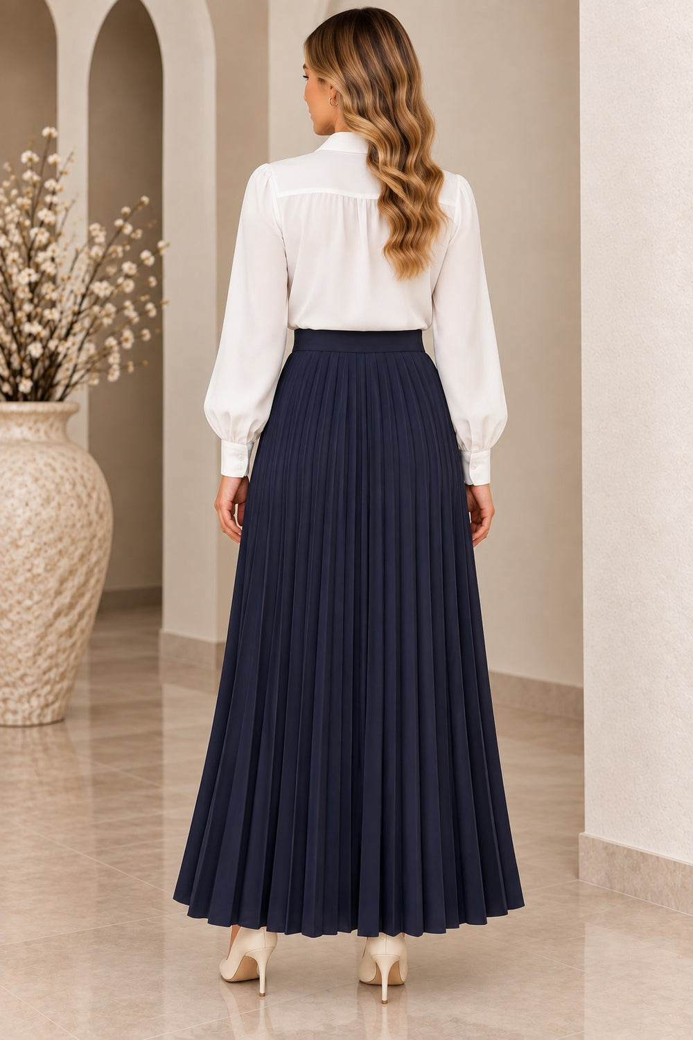 Noor | Accordion Pleated Maxi Skirt — Blue (back)