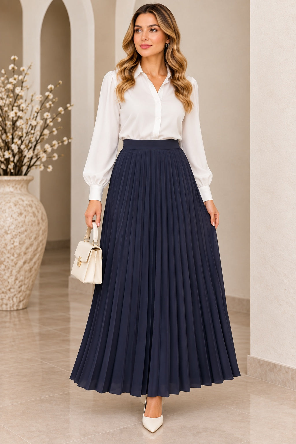 Noor | Accordion Pleated Maxi Skirt — Blue (front)