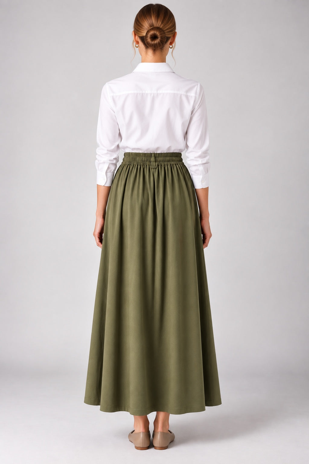 Brynn | Drawstring A-Line Skirt — Olive (back)