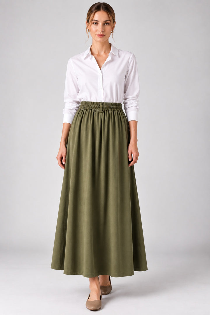 Brynn | Drawstring A-Line Skirt — Olive (front)