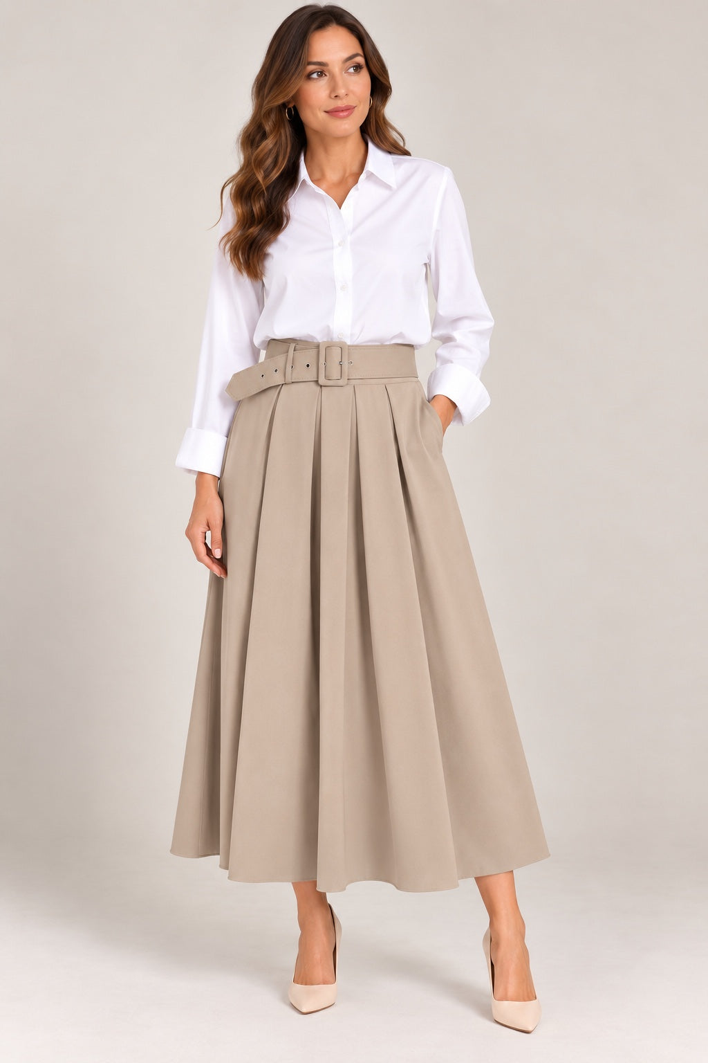 Lauren | Belted Wide-Leg Trousers — Beige (front)