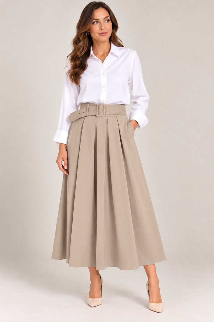 Lauren | Belted Wide-Leg Trousers — Beige (front)