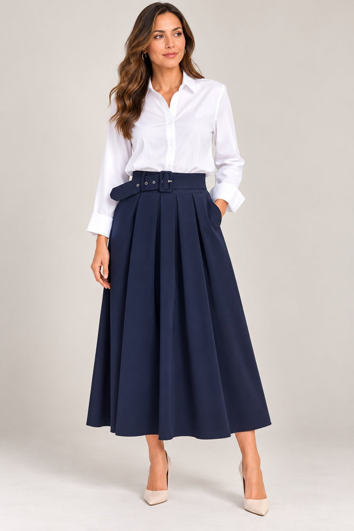 Lauren | Belted Wide-Leg Trousers — Navy (front)