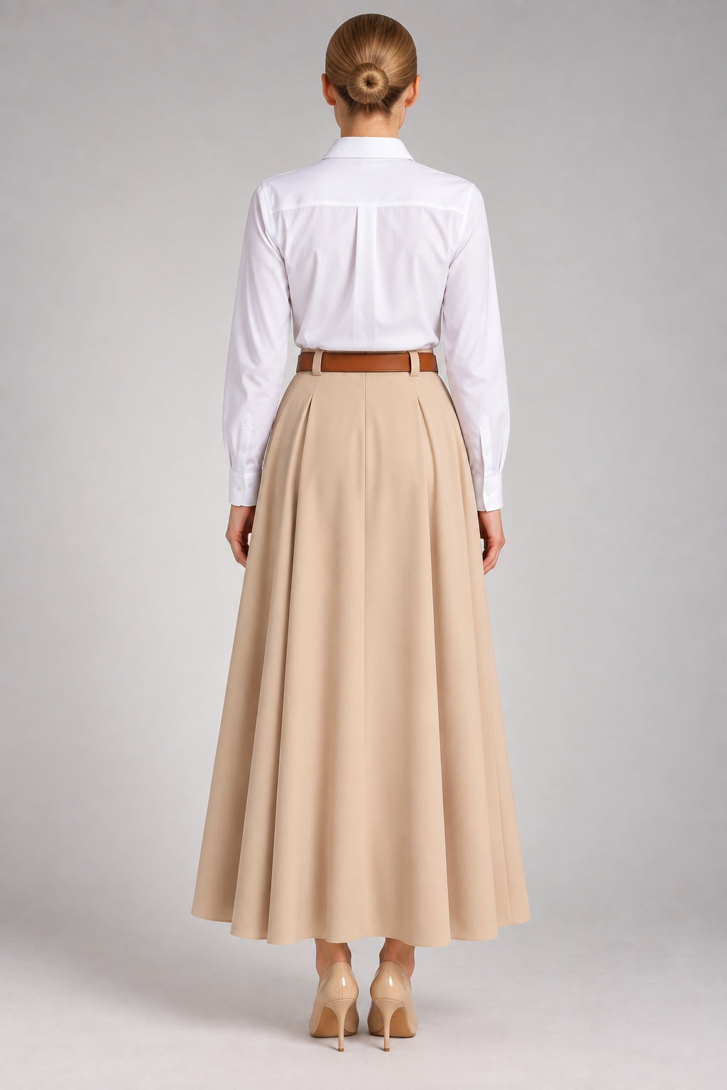 Tessa | Pleated Belted Maxi Skirt — Beige (back)
