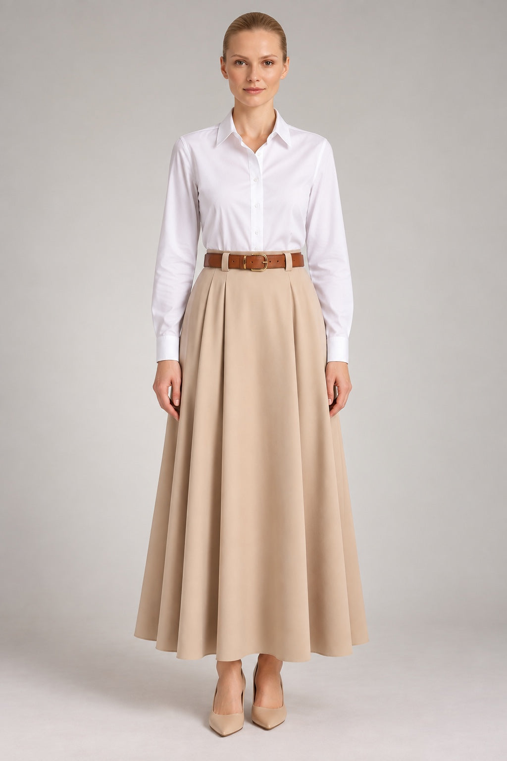 Tessa | Pleated Belted Maxi Skirt — Beige (front)