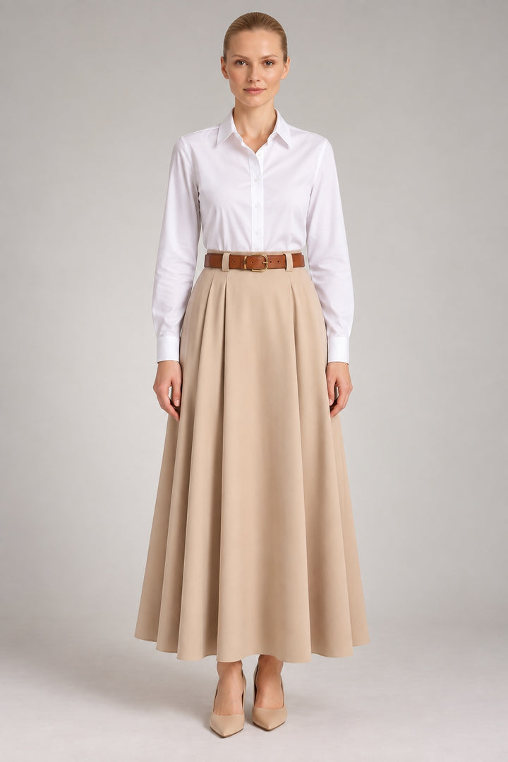 Tessa | Pleated Belted Maxi Skirt — Beige (front)
