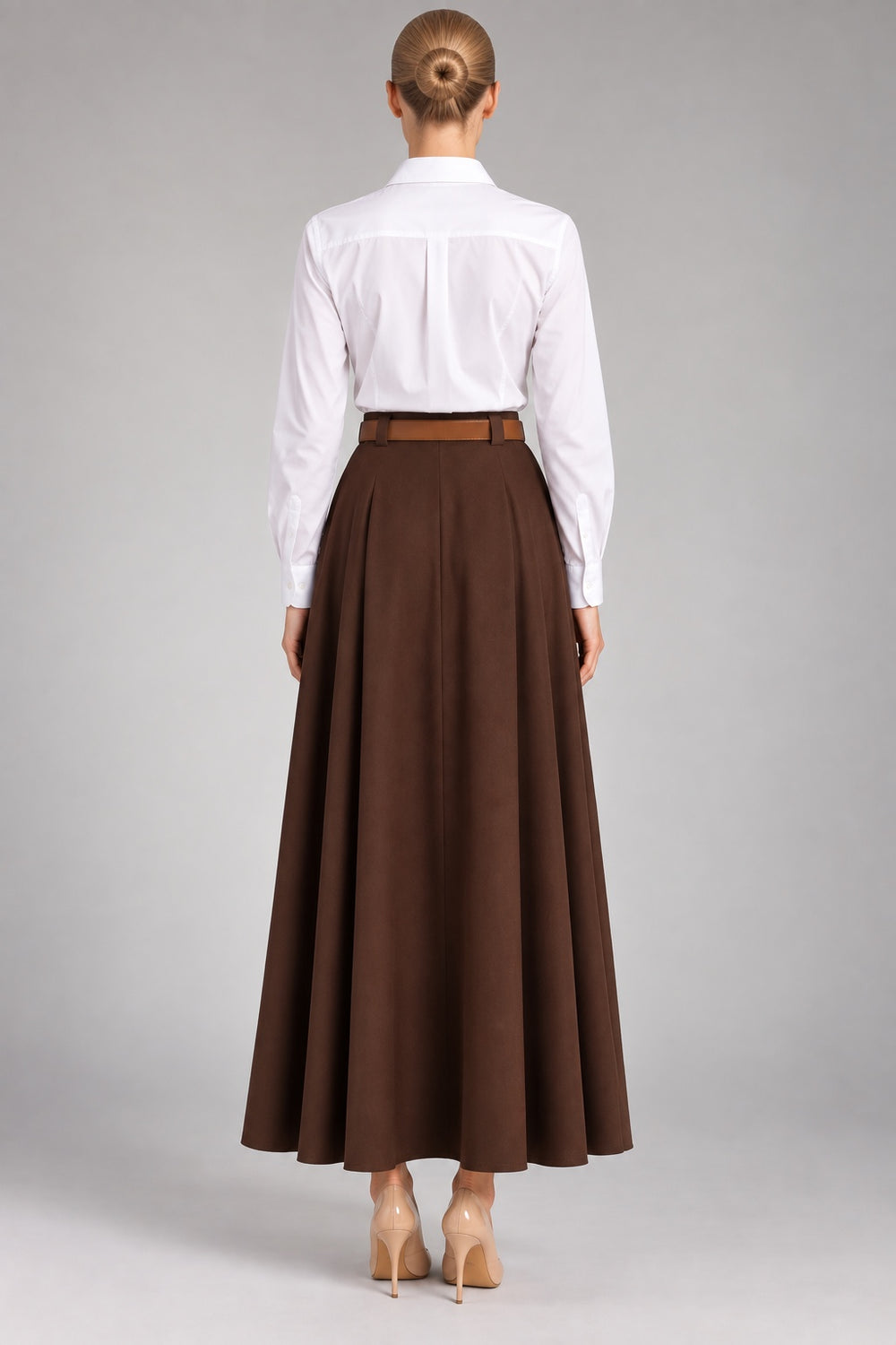 Tessa | Pleated Belted Maxi Skirt — Brown (back)