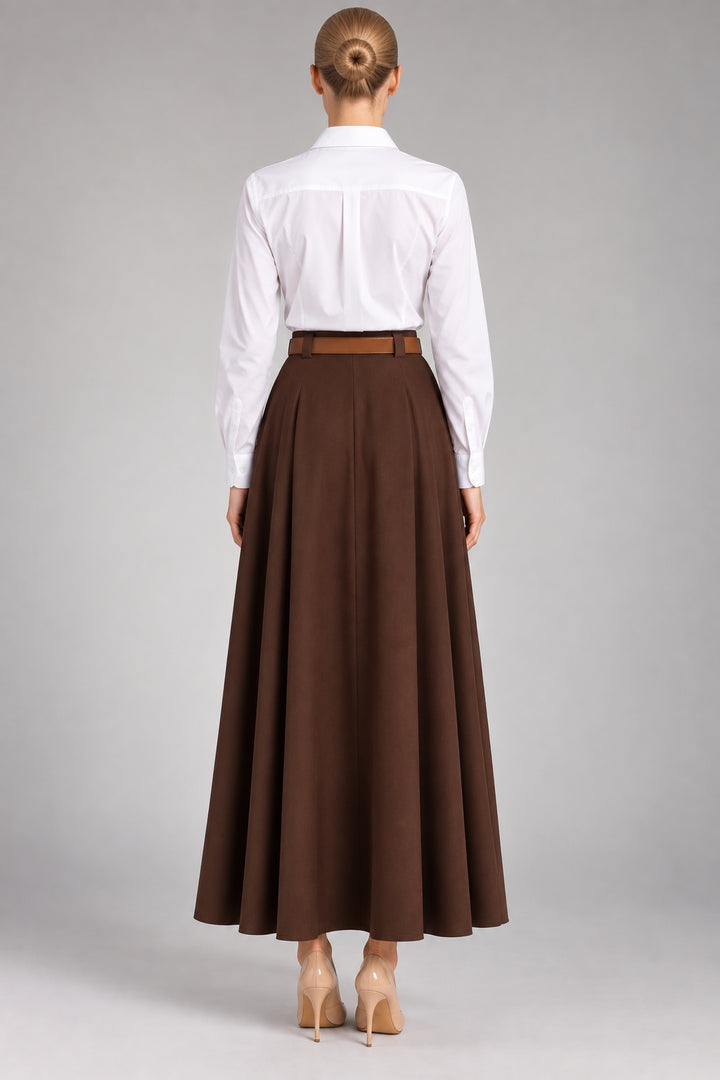 Tessa | Pleated Belted Maxi Skirt — Brown (back)