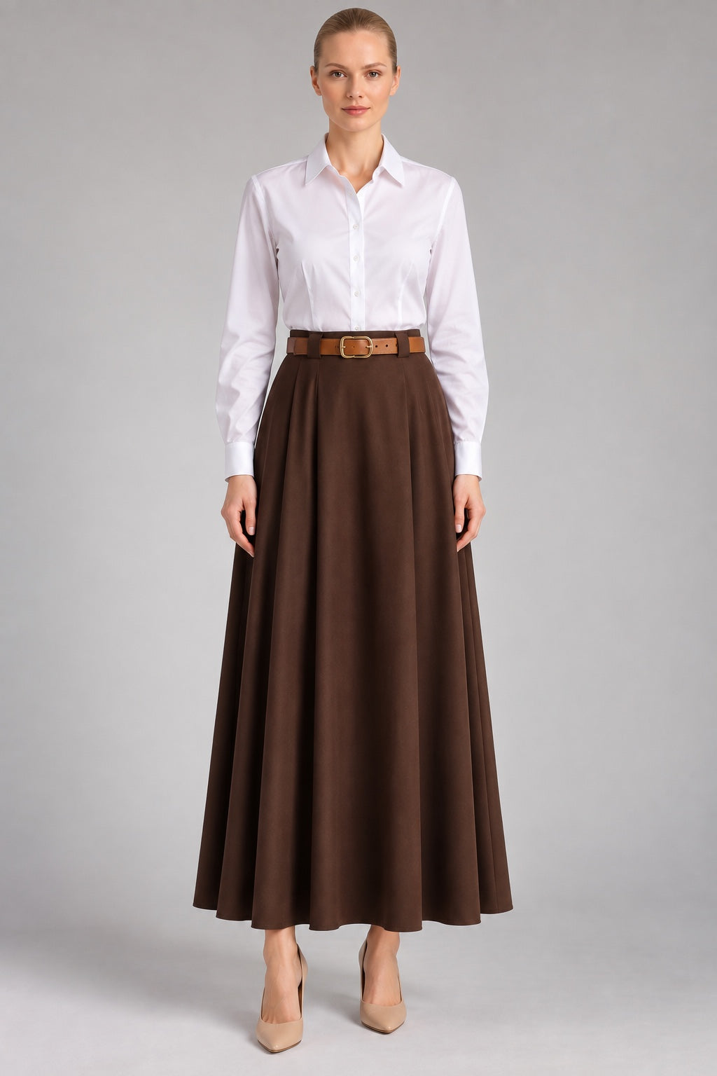 Tessa | Pleated Belted Maxi Skirt — Brown (front)