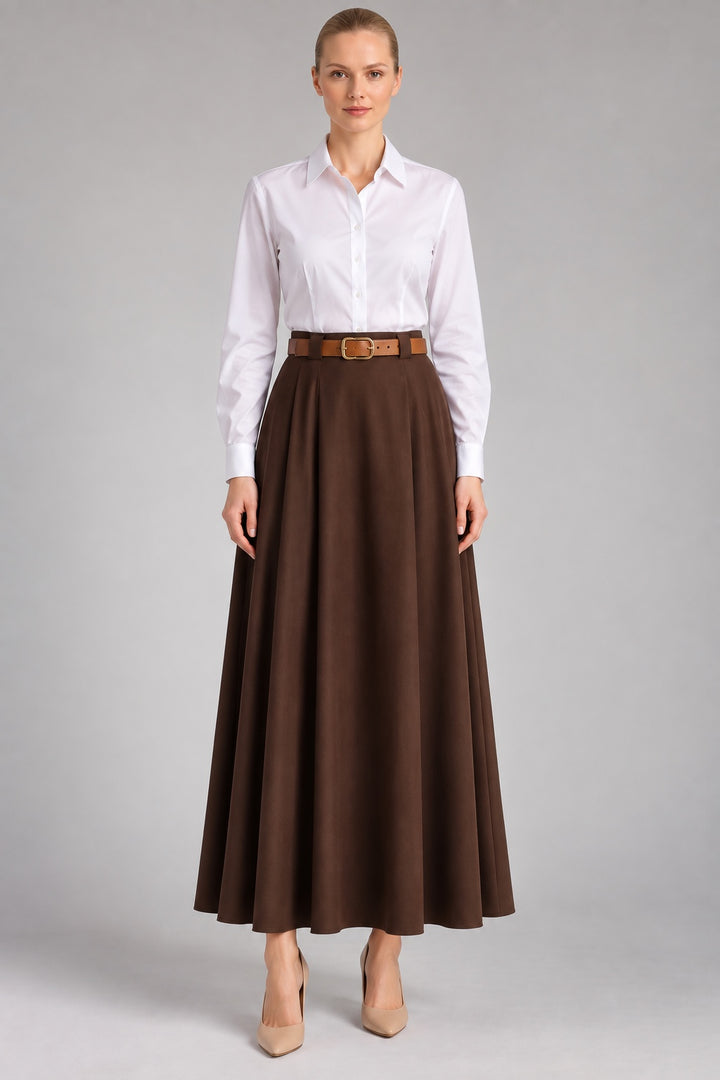 Tessa | Pleated Belted Maxi Skirt — Brown (front)