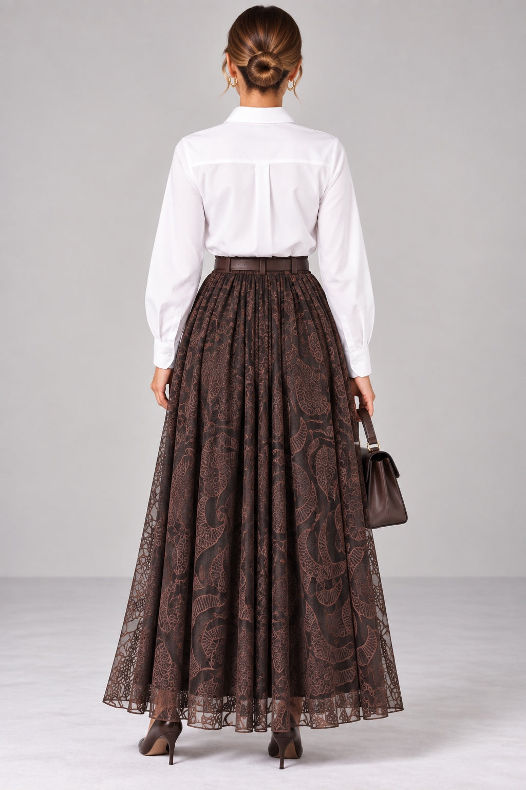 Mireille | Lace Pleated Maxi Skirt — Brown (back)