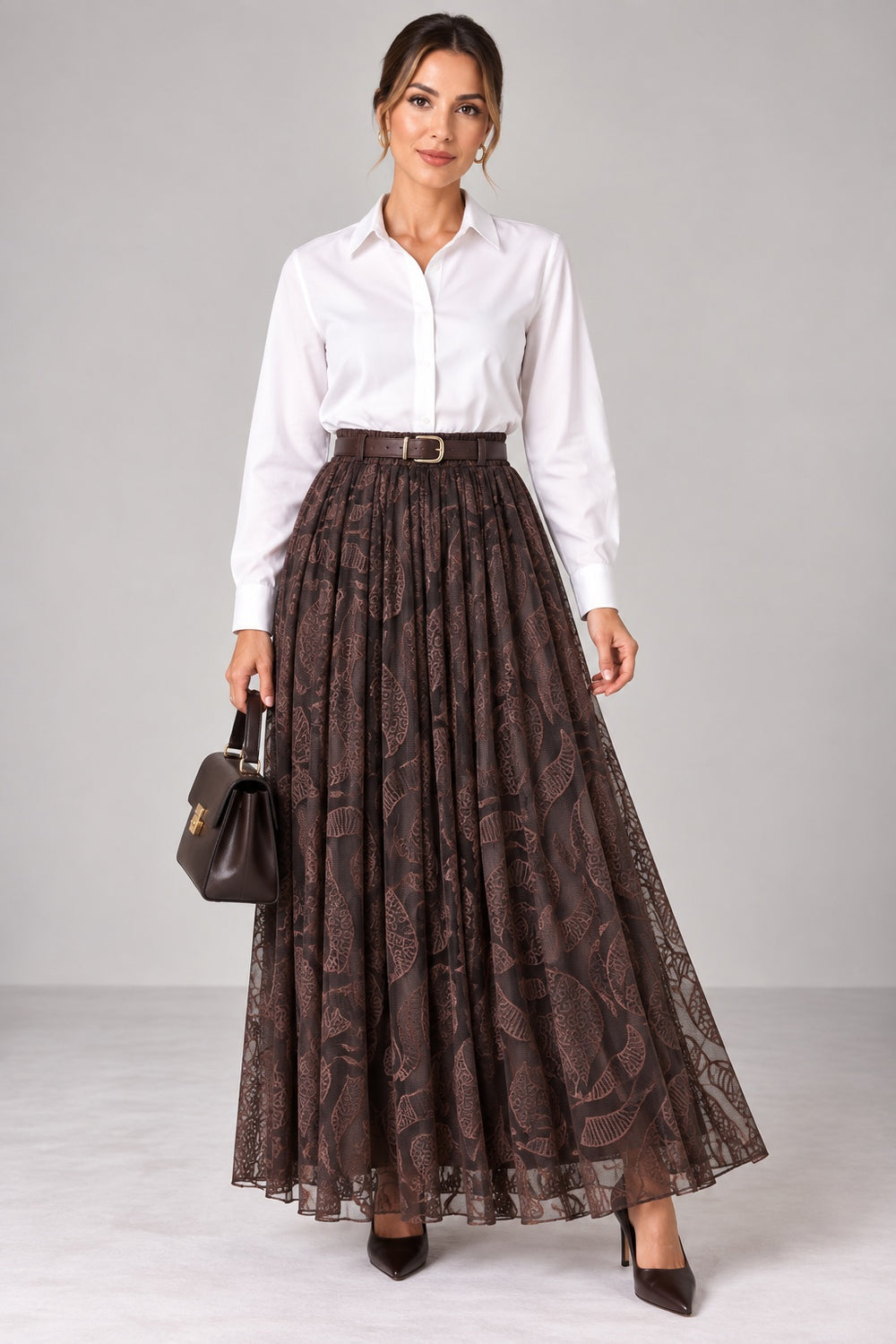 Mireille | Lace Pleated Maxi Skirt — Brown (front)