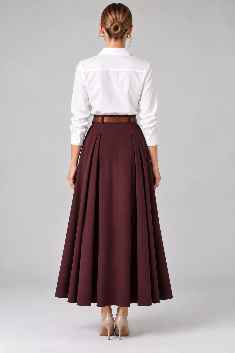 Viola | Belted Pleated Maxi Skirt — Burgundy (back)