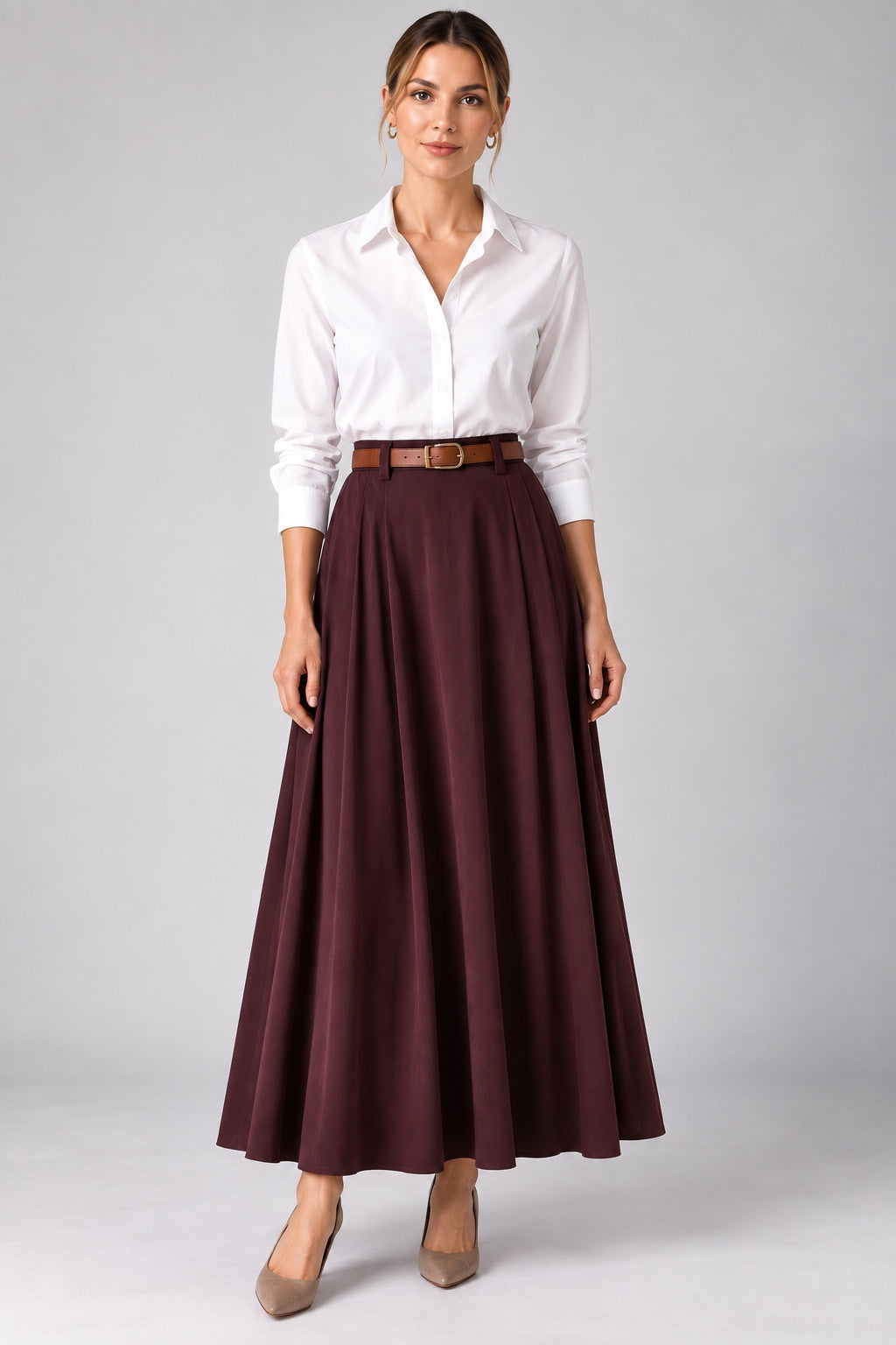 Viola | Belted Pleated Maxi Skirt — Burgundy (front)