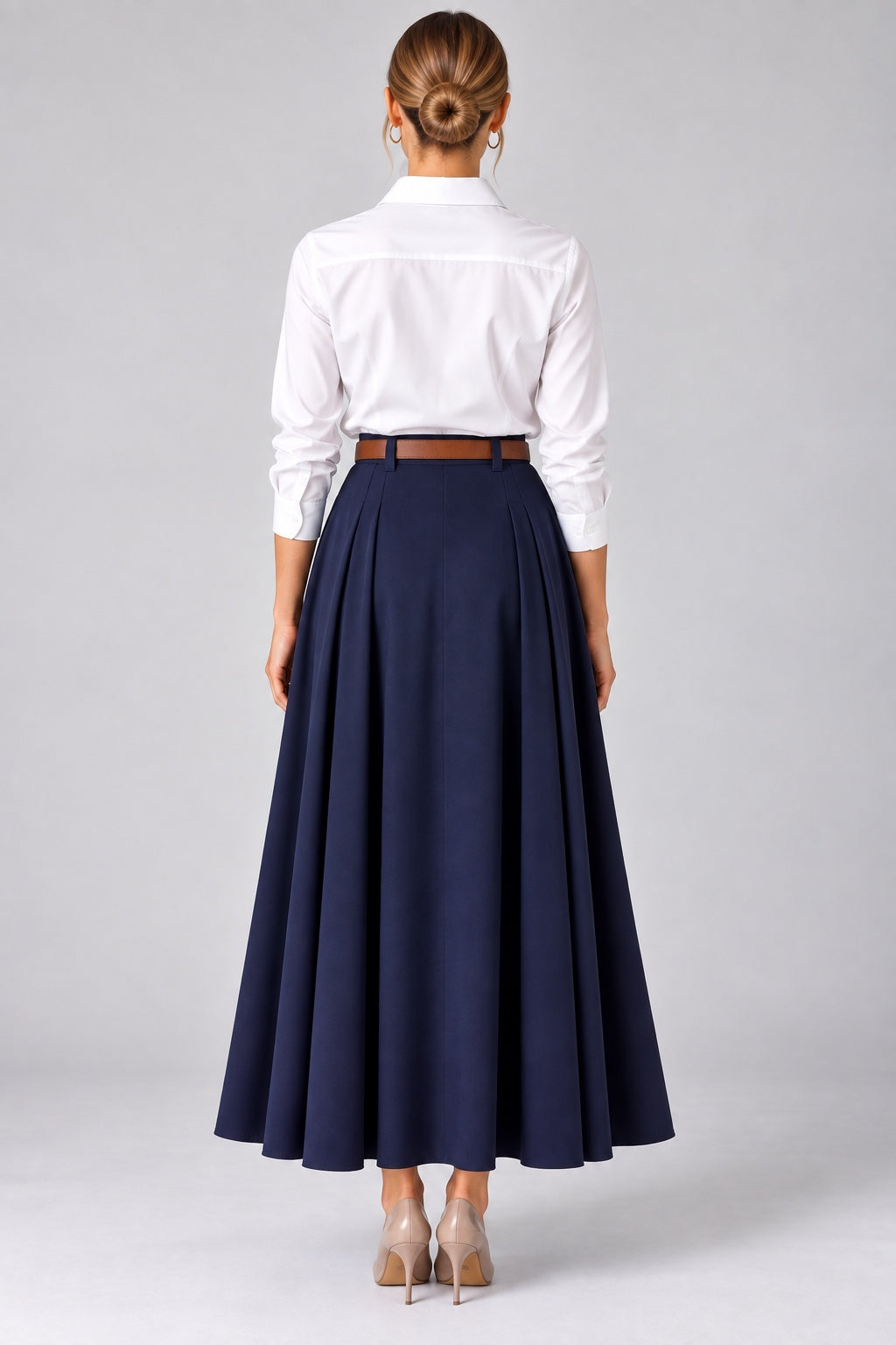 Viola | Belted Pleated Maxi Skirt — Navy (back)