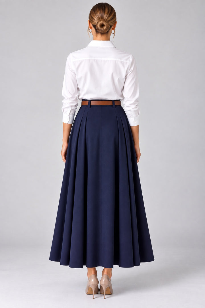 Viola | Belted Pleated Maxi Skirt — Navy (back)