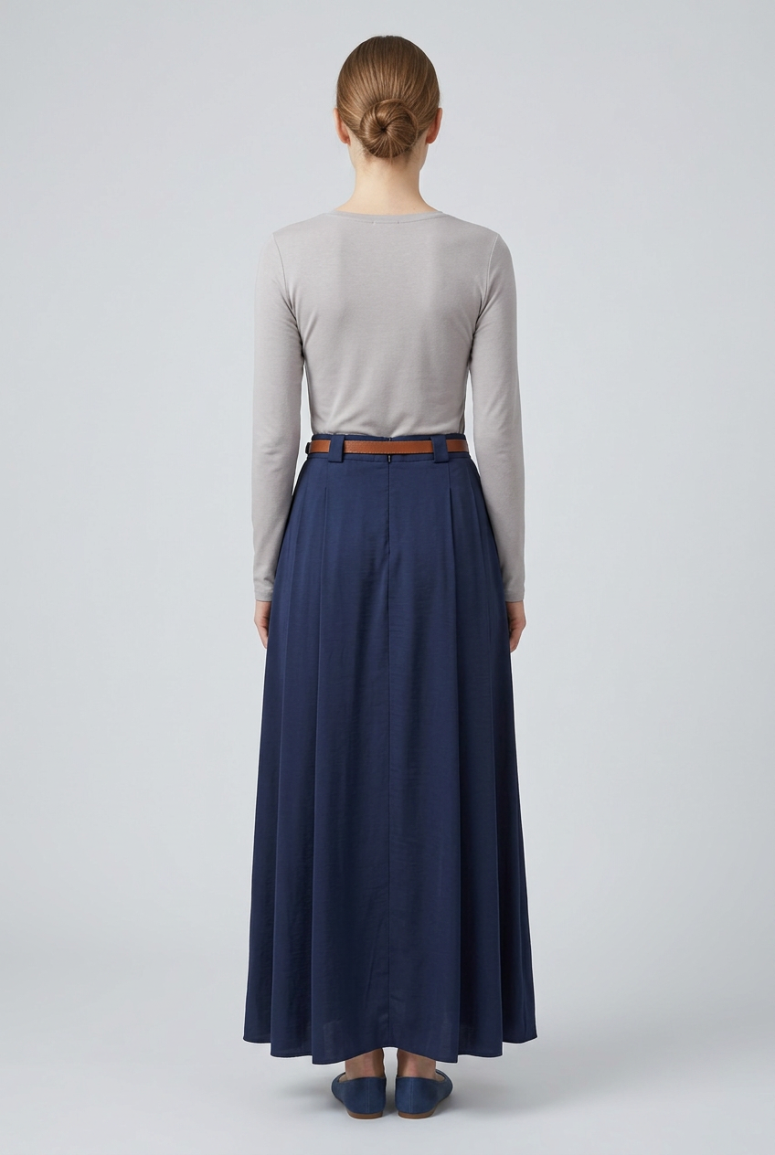 Viola | Belted Pleated Maxi Skirt — Navy (back)