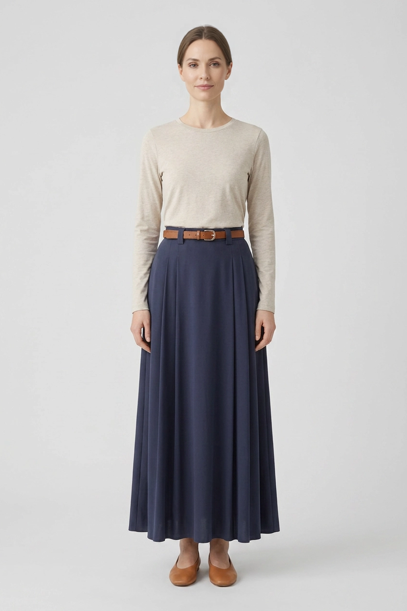 Viola | Belted Pleated Maxi Skirt — Navy (front)