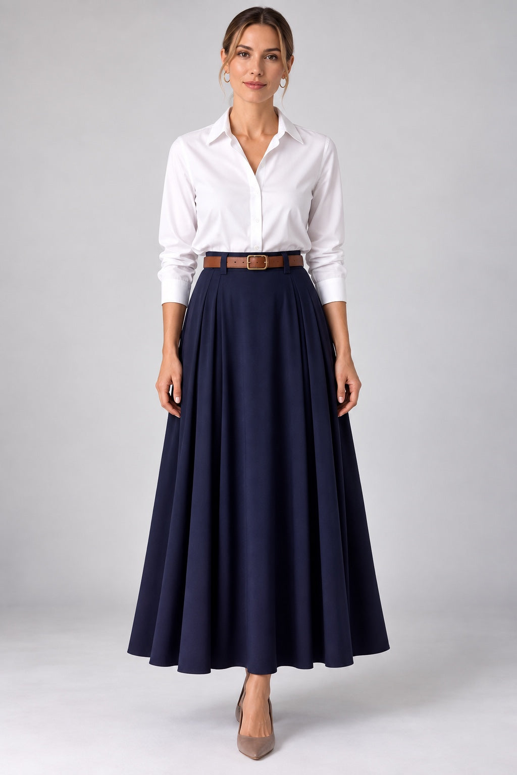 Viola | Belted Pleated Maxi Skirt — Navy (front)