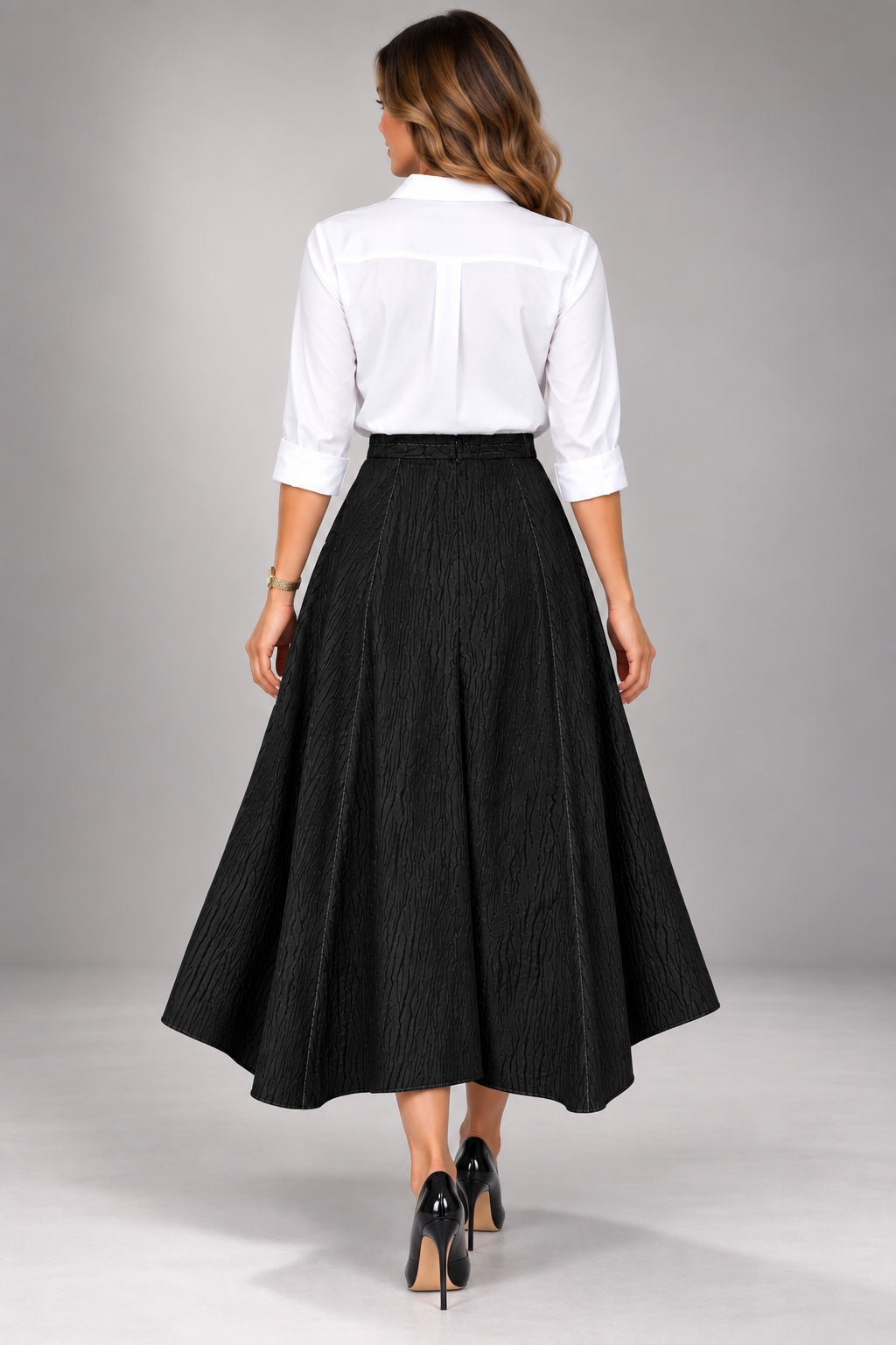 Plum | Crinkle A-Line Maxi Skirt — Black (back)